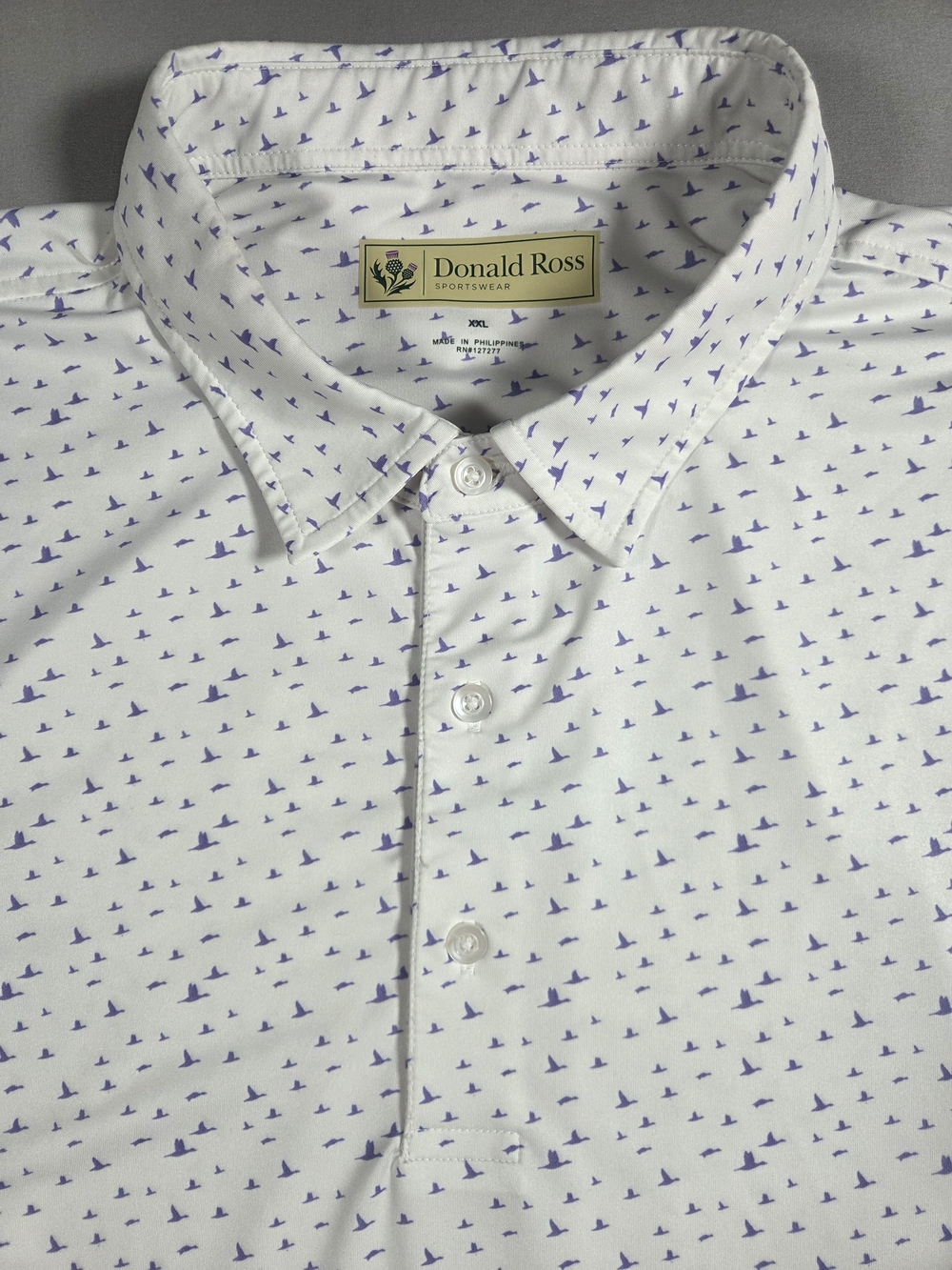 Donald Ross Men's White Polo Shirt with Purple Micro Print XXL